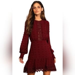 LULUS Lust or Love Wine Red Embroidered Lace Long Sleeve Dress NWT Size XS